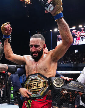 Belal Muhammad reacts after his victory against Leon Edwards of Jamaica in the UFC welterweight championship bout during the UFC 304 event at Co-op Live on July 27, 2024 in Manchester, England. (Photo by Chris Unger/Zuffa LLC)