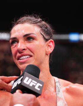 Strawweight Mackenzie Dern Reacts With Daniel Cormier After Her Unanimous Decision Victory Over Loopy Godinez At UFC Fight Night: Sandhagen vs Nurmagomedov On August 3, 2024