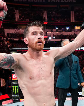 Cory Sandhagen reacts after his victory over Rob Font in a 140-pound catchweight fight during the UFC Fight Night event at Bridgestone Arena on August 05, 2023 in Nashville, Tennessee. (Photo by Jeff Bottari/Zuffa LLC)