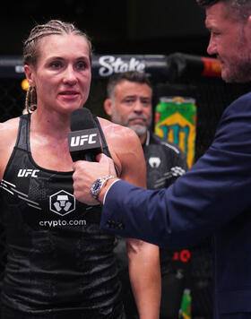 Yana Santos of Russia reacts after her victory against Chelsea Chandler in a bantamweight fight during the UFC Fight Night event at UFC APEX on August 10, 2024 in Las Vegas, Nevada. (Photo by Al Powers/Zuffa LLC)