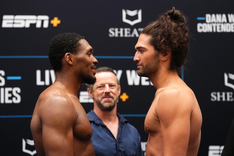 Mansur Abdul-Malik and Wes Schultz face off during the DWCS Season 8, Week 1 weigh-in at Palace Station Hotel & Casino on August 12, 2024. (Photo by Chris Unger/Zuffa LLC)