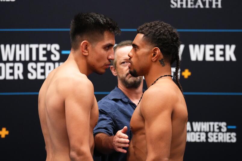 Jose Delgado and Ernie Juarez face off during the DWCS Season 8, Week 1 weigh-in at Palace Station Hotel & Casino on August 12, 2024. (Photo by Chris Unger/Zuffa LLC)