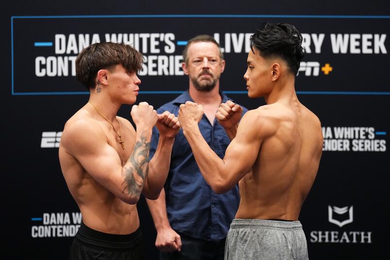 Lone’er Kavanagh and An Tuan Ho face off during the DWCS Season 8, Week 1 weigh-in at Palace Station Hotel & Casino on August 12, 2024. (Photo by Chris Unger/Zuffa LLC)