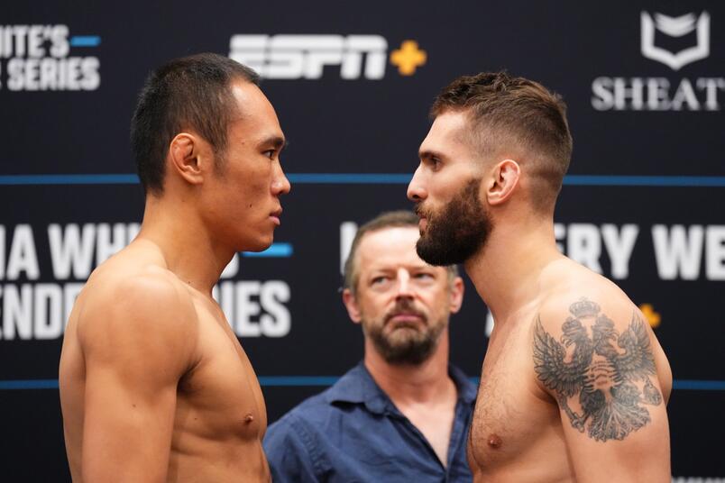 Ding Meng and Rami Hamed face off during the DWCS DWCS Season 8, Week 1 weigh-in at Palace Station Hotel & Casino on August 12, 2024. (Photo by Chris Unger/Zuffa LLC)