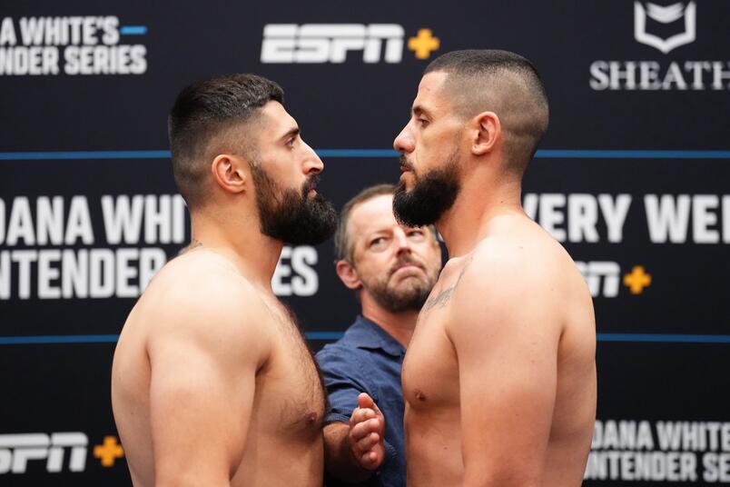 Mikhail Sazhiniani and Bruno Lopes face off during the DWCS Season 8, Week 1 weigh-in at Palace Station Hotel & Casino on August 12, 2024. (Photo by Chris Unger/Zuffa LLC)