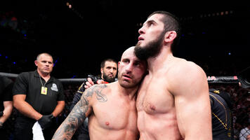 Islam Makhachev of Russia and Alexander Volkanovski of Australia talk after their UFC lightweight championship fight during the UFC 284 event at RAC Arena on February 12, 2023 in Perth, Australia. (Photo by Chris Unger/Zuffa LLC)