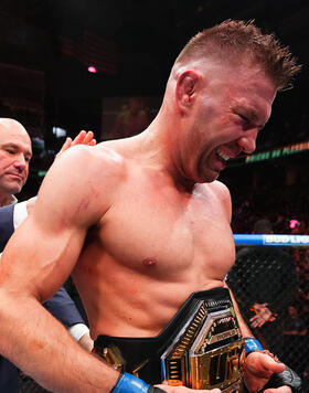 Dricus Du Plessis of South Africa reacts after his victory against Sean Strickland in a UFC middleweight championship bout during the UFC 297 event at Scotiabank Arena on January 20, 2024 in Toronto, Ontario. (Photo by Jeff Bottari/Zuffa LLC)