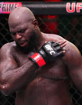 Jairzinho Rozenstruik of Suriname reacts after his victory against Shamil Gaziev of Russia in a heavyweight bout during the UFC Fight Night event at UFC APEX on March 02, 2024 in Las Vegas, Nevada. (Photo by Jeff Bottari/Zuffa LLC)