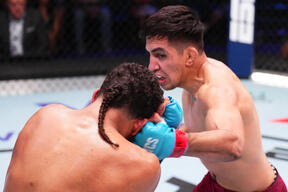 Jose Delgado punches Ernie Juarez in a featherweight fight during Dana White's Contender Series season eight, week one on August 13, 2024 in Las Vegas, Nevada. (Photo by Chris Unger/Zuffa LLC)