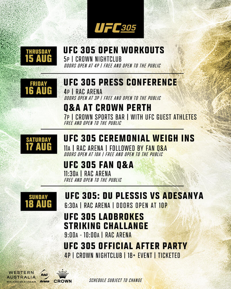 UFC 305: Du Plessis vs Adesanya Public Events Schedule