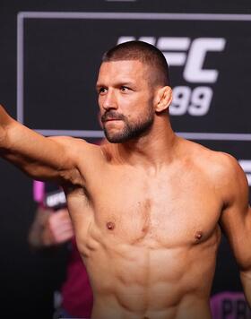 Mateusz Gamrot of Poland poses on the scale during the UFC 299 ceremonial weigh-in at Kaseya Center on March 08, 2024 in Miami, Florida. (Photo by Chris Unger/Zuffa LLC via Getty Images)