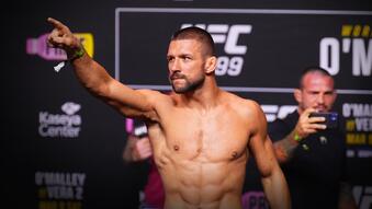 Mateusz Gamrot of Poland poses on the scale during the UFC 299 ceremonial weigh-in at Kaseya Center on March 08, 2024 in Miami, Florida. (Photo by Chris Unger/Zuffa LLC via Getty Images)