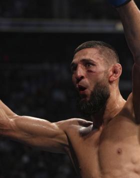 Khamzat Chimaev of Russia reacts after his three round battle against Gilbert Burns of Brazil in their welterweight fight during the UFC 273 event at VyStar Veterans Memorial Arena on April 09, 2022 in Jacksonville, Florida. (Photo by Jeff Bottari/Zuffa LLC)