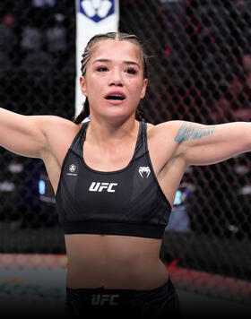 Tracy Cortez reacts after the conclusion of her flyweight fight against Melissa Gatto of Brazil during the UFC 274 event at Footprint Center on May 07, 2022 in Phoenix, Arizona. (Photo by Chris Unger/Zuffa LLC)