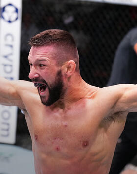 Mateusz Gamrot of Poland reacts after his victory over Rafael Fiziev of Kazakstan in a lightweight fight during the UFC Fight Night event at UFC APEX on September 23, 2023 in Las Vegas, Nevada. (Photo by Chris Unger/Zuffa LLC)