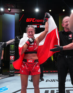 Karolina Kowalkiewicz Reacts In The Octagon After Her Unanimous Decision Victory Over Strawweight Diana Belbita At UFC Fight Night: Dawson vs Green On October 7, 2023 (Photo by Josh Hedges/Zuffa LLC)