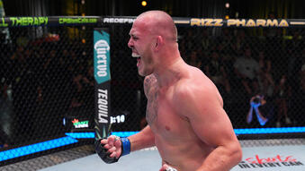 Serghei Spivac reacts after a submission victory against Marcin Tybura in a heavyweight fight during the UFC Fight Night event at UFC APEX on August 10, 2024 in Las Vegas, Nevada. (Photo by Al Powers/Zuffa LLC)