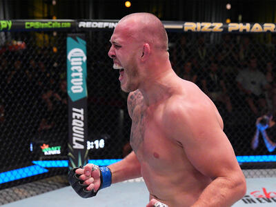 Serghei Spivac reacts after a submission victory against Marcin Tybura in a heavyweight fight during the UFC Fight Night event at UFC APEX on August 10, 2024 in Las Vegas, Nevada. (Photo by Al Powers/Zuffa LLC)