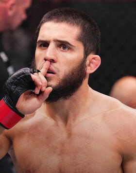 Islam Makhachev of Russia reacts after his knockout victory against Alexander Volkanovski of Australia in the UFC lightweight championship fight during the UFC 294 event at Etihad Arena on October 21, 2023 in Abu Dhabi, United Arab Emirates. (Photo by Chris Unger/Zuffa LLC)