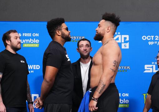 Power Slap heavyweight champion Damien Dibbell faces off with Power Slap 5 opponent Nate Burnard. (Photo by Chris Unger / Zuffa LLC)