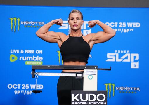 Power Slap 5 women featherweight Sheena Bathory weighs in at the Power Slap 5 weigh ins. (Photo by Chris Unger / Zuffa LLC)