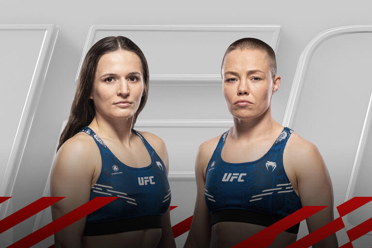 UFC Fighters Erin Blanchfield and Rose Namajunas ona white background with "UFC" in 3D