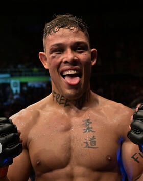 Caio Borralho of Brazil reacts after his middleweight fight against Abus Magomedov of Russia during the UFC Fight Night event at Ibirapuera Gymnasium on November 04, 2023 in Sao Paulo, Brazil. (Photo by Pedro Vilela/Zuffa LLC)