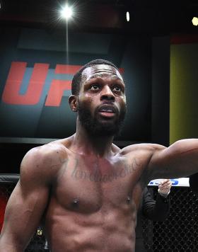 Montel Jackson reacts after his victory over Jesse Strader in their bantamweight fight during the UFC Fight Night event at UFC APEX