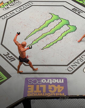 An overhead view of the Octagon as Robbie Lawler celebrates TKO victory over Rory MacDonald in their UFC welterweight title fight during the UFC 189 event inside MGM Grand Garden Arena on July 11, 2015 in Las Vegas, Nevada. (Photo by Josh Hedges/Zuffa LLC)