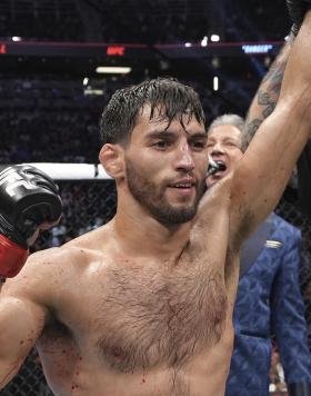 Matt Schnell reacts after his victory over Sumudaerji of China in a flyweight fight during the UFC Fight Night event at UBS Arena