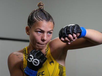  Luana Santos of Brazil warms up prior to her fight during the UFC Fight Night event at UFC APEX on August 12, 2023 in Las Vegas, Nevada. (Photo by Al Powers/Zuffa LLC)