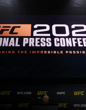 A general view of the stage during the UFC 2024 seasonal press conference at MGM Grand Garden Arena on December 15, 2023 in Las Vegas, Nevada. (Photo by Cooper Neill/Zuffa LLC)