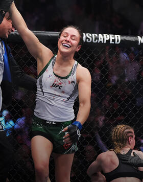 Alexa Grasso of Mexico reacts to her win over Valentina Shevchenko of Kyrgyzstan in the UFC flyweight championship fight during the UFC 285 event at T-Mobile Arena on March 04, 2023 in Las Vegas, Nevada. (Photo by Cooper Neill/Zuffa LLC)