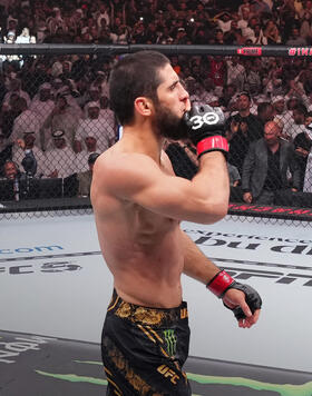 Islam Makhachev of Russia reacts after his knockout victory against Alexander Volkanovski of Australia in the UFC lightweight championship fight during the UFC 294 event at Etihad Arena on October 21, 2023 in Abu Dhabi, United Arab Emirates. (Photo by Chris Unger/Zuffa LLC)