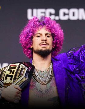 UFC bantamweight champion Sean O'Malley is seen on stage during the UFC 2024 seasonal press conference at MGM Grand Garden Arena on December 15, 2023 in Las Vegas, Nevada. (Photo by Chris Unger/Zuffa LLC)