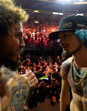 Sean O'Malley and Marlon Vera of Ecuador face off during the UFC 299 ceremonial weigh-in at Kaseya Center on March 08, 2024 in Miami, Florida.