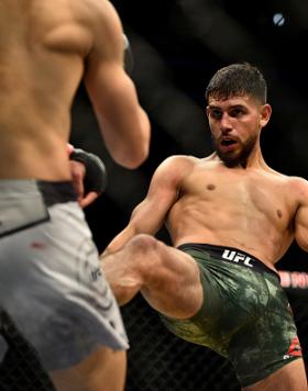 Yair Rodriguez of Mexico kicks Chan Sung Jung of South Korea in their featherweight bout during the UFC Fight Night event inside Pepsi Center on November 10, 2018 in Denver, Colorado. (Photo by Chris Unger/Zuffa LLC)