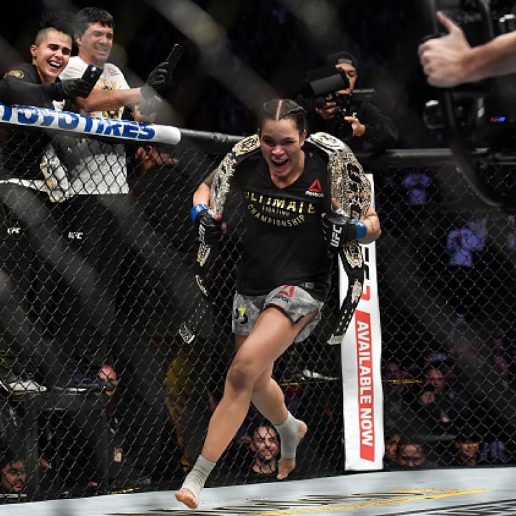 Amanda Nunes of Brazil celebrates after defeating Cris Cyborg of Brazil in their women's featherweight bout during the UFC 232 event inside The Forum on December 29, 2018 in Inglewood, California.(Photo by Brandon Magnus/Zuffa LLC/Zuffa LLC via Getty Images)