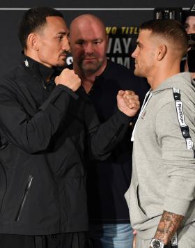 ATLANTA, GA - APRIL 11: Max Holloway and Dustin Poirier face-off for the media during the UFC 236 Ultimate Media Day at Hyatt Regency Atlanta on April 11, 2019 in Atlanta, Georgia. (Photo by Josh Hedges/Zuffa LLC/Zuffa LLC via Getty Images)