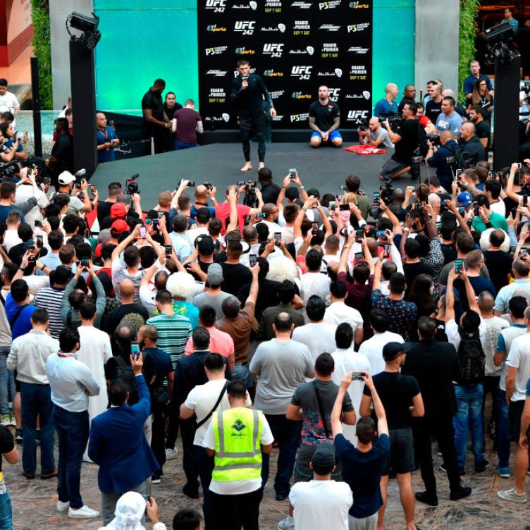 Khabib Nurmagomedov of Russia interacts with fans during the UFC 242 Open Workouts at Yas Mall on September 4, 2019 in Abu Dhabi, United Arab Emirates. (Photo by Jeff Bottari/Zuffa LLC)