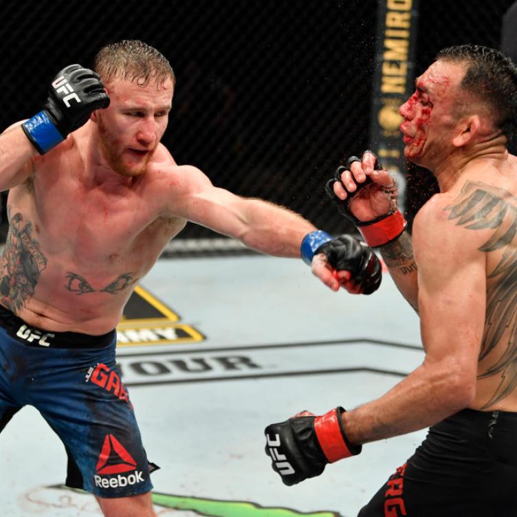 Justin Gaethje punches Tony Ferguson in their UFC interim lightweight championship fight during the UFC 249 event at VyStar Veterans Memorial Arena on May 09, 2020 in Jacksonville, Florida. (Photo by Jeff Bottari/Zuffa LLC)