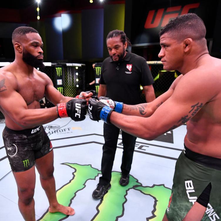 Opponents Tyron Woodley and Gilbert Burns of Brazil face off prior to their welterweight fight during the UFC Fight Night event at UFC APEX on May 30, 2020 in Las Vegas, Nevada. (Photo by Jeff Bottari/Zuffa LLC)