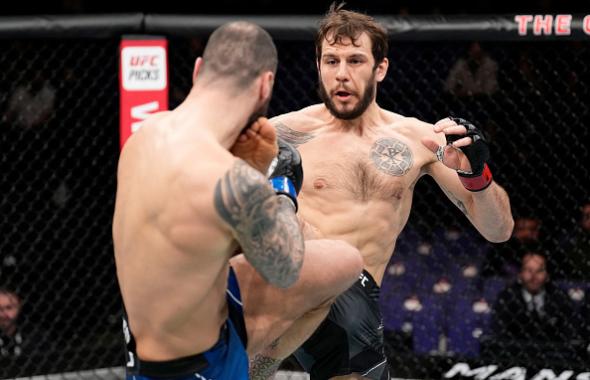 Nikita Krylov of Ukraine kicks Paul Craig of Scotland in a light heavyweight fight during the UFC Fight Night event at O2 Arena on March 19, 2022 in London, England. (Photo by Chris Unger/Zuffa LLC)