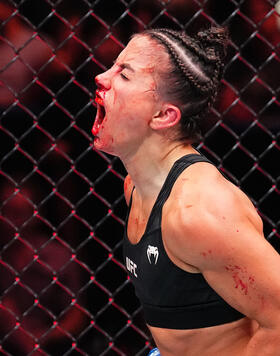  Maycee Barber celebrates her TKO victory over Amanda Ribas of Brazil in their women's flyweight fight during the UFC Fight Night event at Vystar Veterans Memorial Arena on June 24, 2023 in Jacksonville, Florida. (Photo by Josh Hedges/Zuffa LLC)