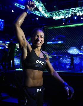 Viviane Araujo of Brazil reacts after her victory over Roxanne Modafferi in a flyweight fight during the UFC Fight Night event at Etihad Arena on UFC Fight Island on January 20, 2021 in Abu Dhabi, United Arab Emirates. (Photo by Chris Unger/Zuffa LLC)