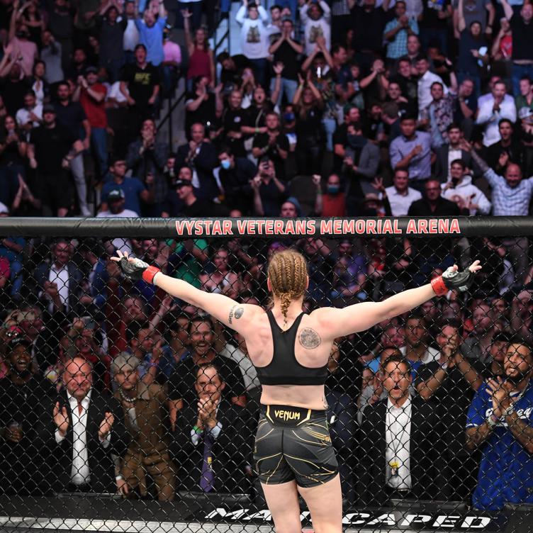 Valentina Shevchenko of Kyrgyzstan reacts after defeating Jessica Andrade of Brazil in their UFC women's flyweight championship bout during the UFC 261 event at VyStar Veterans Memorial Arena on April 24 2021 in Jacksonville Florida (Photo by Josh Hedges/Zuffa LLC)