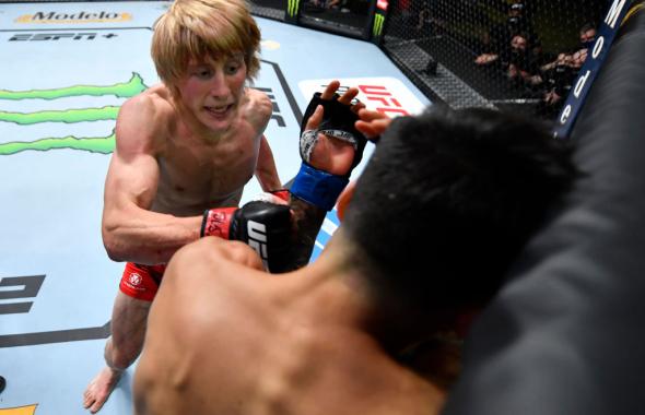 Paddy Pimblett of England punches Luigi Vendramini of Brazil in their lightweight fight during the UFC Fight Night event at UFC APEX on September 04, 2021 in Las Vegas, Nevada. (Photo by Jeff Bottari/Zuffa LLC)