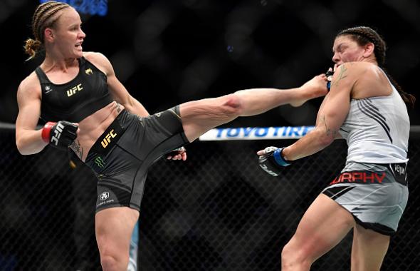 Valentina Shevchenko of Kyrgyzstan kicks Lauren Murphy in their UFC flyweight championship fight during the UFC 266 event on September 25, 2021 in Las Vegas, Nevada. (Photo by Chris Unger/Zuffa LLC)