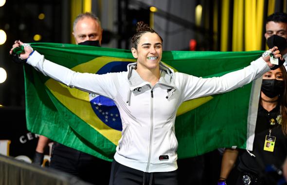 Norma Dumont of Brazil prepares to fight Aspen Ladd in a featherweight fight during the UFC Fight Night event at UFC APEX on October 16, 2021 in Las Vegas, Nevada. (Photo by Chris Unger/Zuffa LLC)