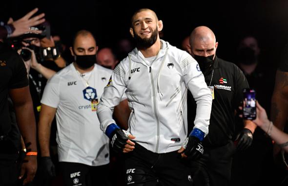 Khamzat Chimaev of Sweden prepares to fight Li Jingliang of China in a welterweight fight during the UFC 267 event at Etihad Arena on October 30, 2021 in Yas Island, Abu Dhabi, United Arab Emirates. (Photo by Chris Unger/Zuffa LLC)